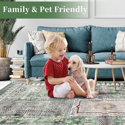 Vintage Washable Rug, Distressed Floral Low Pile Non-Slip Soft Accent Carpet for Living Room, Bedroom, Nursery, Entryway