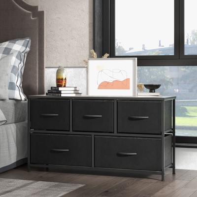 CAVINAS 5 Dresser for Bedroom with Fabric Bins and Black Metal Handles Design,Modern Chest of Drawers,Freestanding Dresser for Bedroom