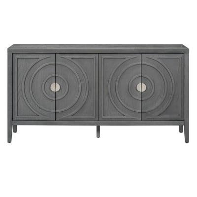 Hostack Retro Sideboard with Circular Groove Design, Round Metal Door Handle for Entrance and Living Room, Gray