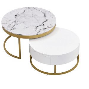 TiramisuBest Modern 2-Piece White Round Nesting Coffee Tables with Drawers, Gold Accents, Space-Saving Design, 27.6'' - 1 of 4