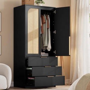 Wardrobe Closet with Rattan Doors, Rattan Armoire Wardrobe Closet with Drawers & Hanging Rod, Wooden Armoire for Hanging Clothes, 69.5" H - 1 of 4