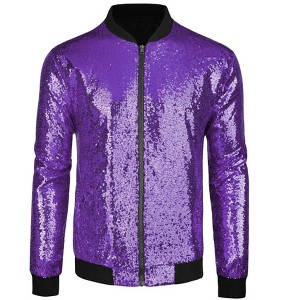 INSPIRE CHIC Men's Sequin Varsity Long Sleeve Zipper Glitter Sequins Bomber Jacket - 1 of 4