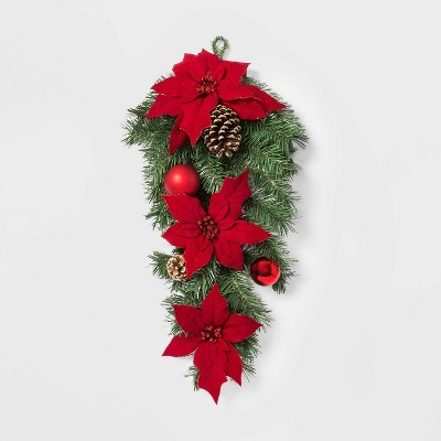 28in Christmas Unlit Red Poinsettia & Ornaments Artificial Pine Swag - Wondershop™