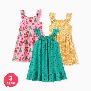 PATPAT 3pk Multipack Girl Toddler Dresses Sleeveless Strawberry Pineapple Fruits Polka Dots Casual Ruffle Cute Dresses - 1 of 4