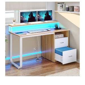 47in Home Office Desk with File Drawer LED Lights Computer Desk with Power Outlets and USB Outlets For Study Room - 1 of 4