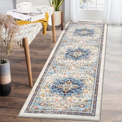 Washable Runner Rug, Vintage Oriental Floral Entryway Rug, Soft Non-Slip Faux Wool, Low Pile for Hallway, Bedroom, Kitchen, Laundry