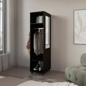 Armoire 63"H, with 3 Shelves, 1 Mirror, and 4 Wheels, Black - 1 of 4