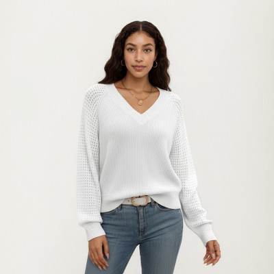 Anna-Kaci Women's Off-Shoulder Knit Sweater with Pointelle Sleeves and Relaxed Fit