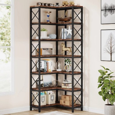 Hommoo 78.7”Tall 7 Tier Industrial Corner Bookshelf Brown