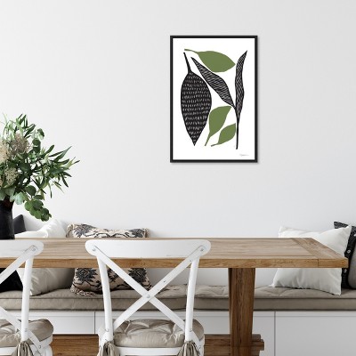Modern Black and Green Leaf Canvas Print with Black Frame 16 x 23 Inches