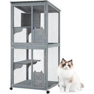 Large 2-Tier Outdoor Cat House, Spacious 37x34x69 in Enclosure with 3 Jumping Platforms, 2 Lockable Doors - 1 of 4