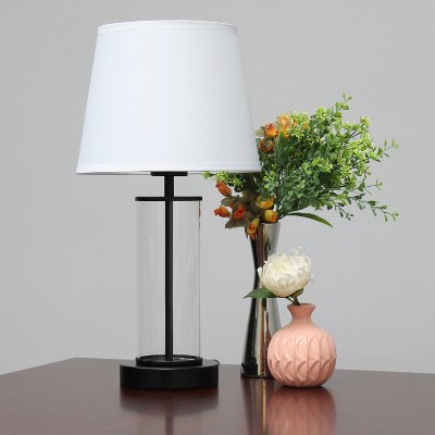 Black Metal and Clear Glass Table Lamp with White Fabric Shade