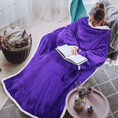 Tirrinia Womens Mens Faux Shearling Wearable Blanket With Sleeves, Full Body Throw Reading Wrap TV Blankets, Snuggle Gift, Solid
