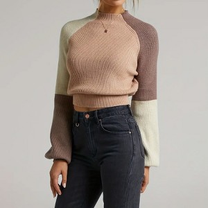 Women Lantern Long Sleeve Pullover Sweater Kint Shirt Fall Casual High Crew Neck Contrast Color Loose Fit Top - 1 of 3