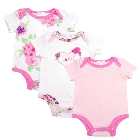 Tahari Baby Girl's 3 Pack Bodysuit Creeper Bundle Set - Floral, Love, Pink,  White / Size 6-9M