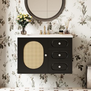 30" Rattan Bathroom Vanity with Sink, Cottage Country Wall Mount Floating Bathroom Vanity with Storage Cabinet Black - 1 of 4