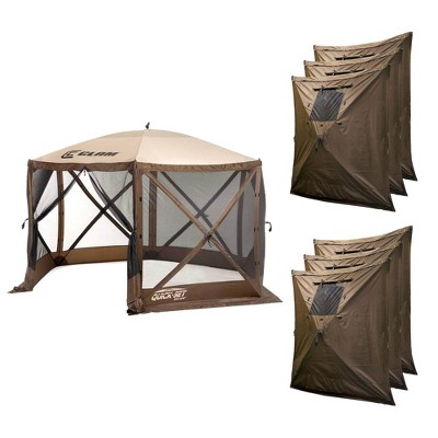CLAM Quick-Set Escape 11.5 x 11.5 Ft Portable Pop-Up Outdoor Camping Screen Tent 6-Sided Canopy Shelter w/ Carry Bag & 6 Sun and Wind Panels, Brown