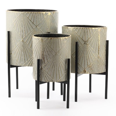 LuxenHome Set of 3 Gray and Gold Metal Cachepot Planters with Black Stand