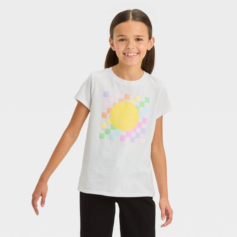Girls&#39; Short Sleeve &#39;Checkerboard Smiley&#39; Graphic T-Shirt - Cat &#38; Jack&#8482; White, 1 of 5