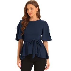 Allegra K Women's Split Half Sleeve Crew Neck Belted Casual Peplum Blouses - 1 of 4