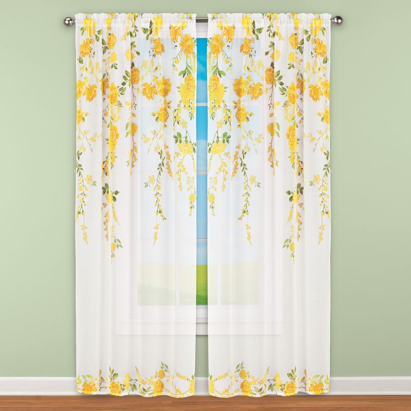 Collections Etc Cascading Yellow Floral Semi-Sheer Curtain Panel Set 48" WIDE, 2 of 3