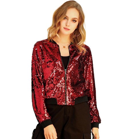 Allegra K Women's Sequin Sparkle Long Sleeve Zipper Bomber Jacket Purple  Small