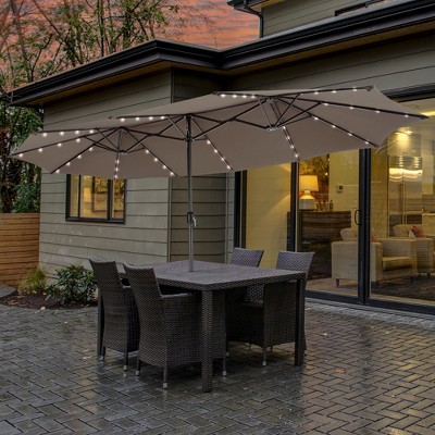 15ft Coffee Double-Sided Steel Market Patio Umbrella with Solar LED Lights