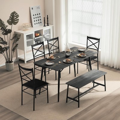 VINGLI Modern Dining Table Set for 6, Rectangular Kitchen Dining Table with Bench & Chairs, Wooden Kitchen Table Set