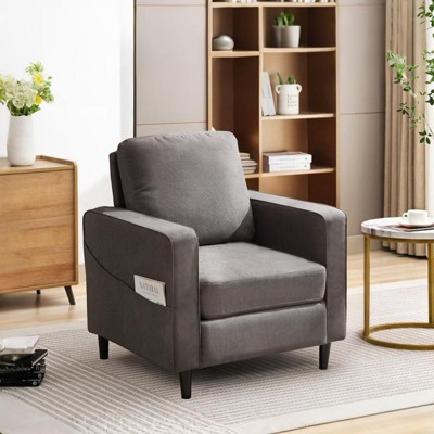Aukfa Mid-Century Modern Linen Armchair w/ Double Side Pockets - Comfortable Padded Reading Accent Chair for Living Room, Bedroom & Office