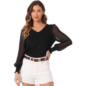 INSPIRE CHIC Women's Semi Sheer Polka Dots Long Sleeve V Neck Mesh Contrast Top - 1 of 4