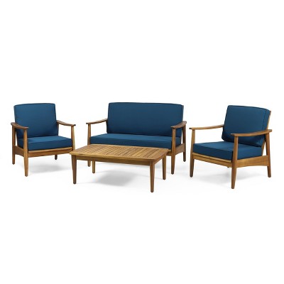 Willowbrook Patio Acacia Wood 4 Seater Chat Set with Coffee Table - Teak/Dark Teal - Christopher Knight Home