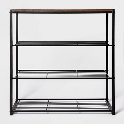 4 Tier Shoe Rack Black Metal with Walnut Wood - Brightroom™