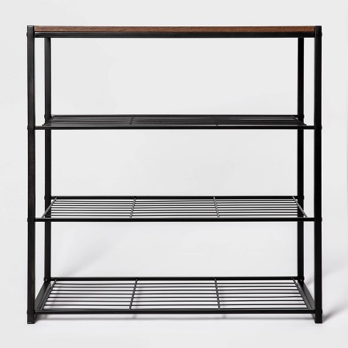 4 Tier Shoe Rack Black Metal with Walnut Wood Brightroom