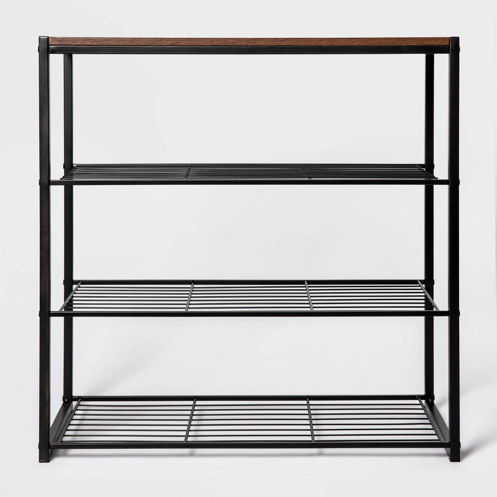 4 Tier Shoe Rack Black Metal with Walnut Wood - Brightroom™