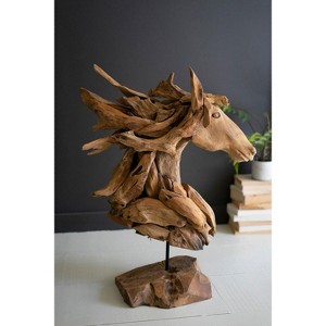 Teakwood Horse Head Sculpture with Iron Base – 30" Tall Rustic Decor by Kalalou - 1 of 3
