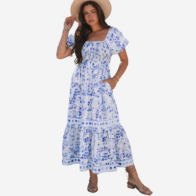 Amaryllis Women’s Smocked Bodice Midi Dress Puff Short Sleeves Tiered Skirt Square Neckline
