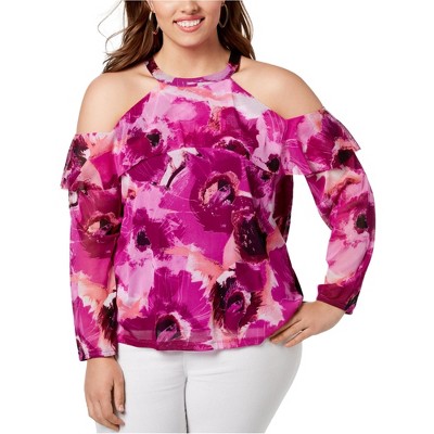 I.N.C International Concepts Womens Ruffle Cold Shoulder Blouse, Purple, 2X
