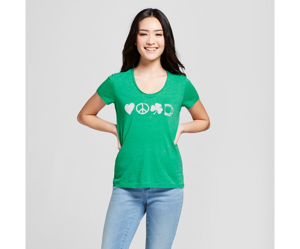 Women's St. Patrick's Day Clover Printed Short Sleeve V-Neck Graphic T-Shirt - Grayson Threads (Juniors') - Green XS