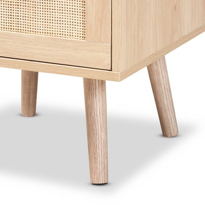 Light Oak Brown 16" Wood and Rattan Nightstand with Gold-Tone Handles
