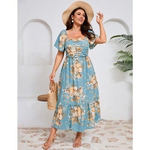 Coolmee Women Plus Size Boho Floral Smocked Square Neck Short Sleeve Ruffle A Line Maxi Dress - 1 of 4