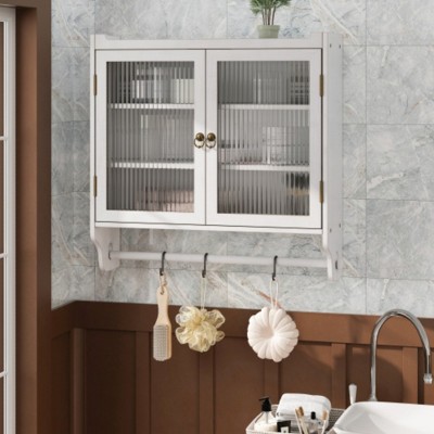 24.8"Glass Door Vintage Double Door Wall Cabinet with Three Tiers of Storage with Towel Rack, for Bathroom, Kitchen,Dining Room, White Washed