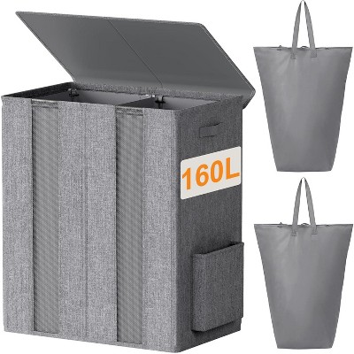 160L Double Laundry Hamper with Lid, Large Laundry Basket with 2 Removable Bags, Breathable Dirty Clothes Hamper 2 Section