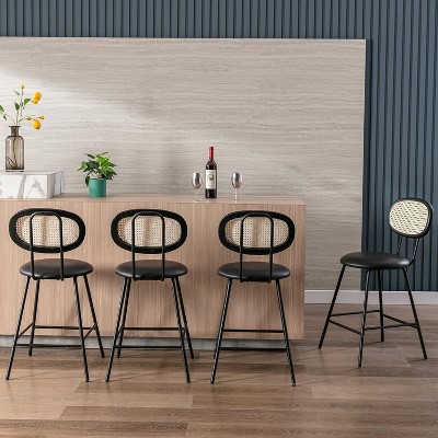 FONTOI Counter Stools Set of 4 with Rattan Backrest, Metal Bar Stools for Kitchen Island Home, Black, 17.9"*36.8"*19.1"