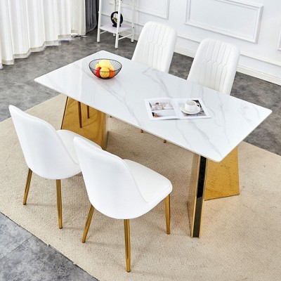 NicBex 5 PCS/7 PCS Snow Mountain Patterned Sintered Stone Dining Table Set with 4/6 PU Chairs for Kitchen/Apartment,Black