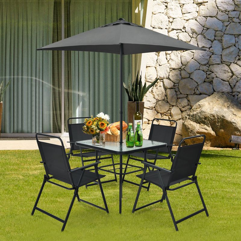 Tangkula 6-Piece Patio Dinning Sets Garden Table Set Outdoor Folding Chairs & Glass Table Set w/ Umbrella Grey, 2 of 11