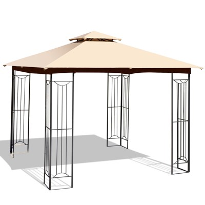 Tangkula 2-Tiers 10'x10' Outdoor Canopy Gazebo Heavy-Duty Steel Frame Party Patio Large Canopy L-Shaped Gazebo Beige/Grey