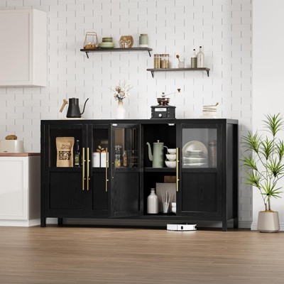 Homhougo 55" Large Buffet Sideboard Cabinet with 4 Glass Doors and Shelves, Modern Farmhouse Storage Cabinet Table Black