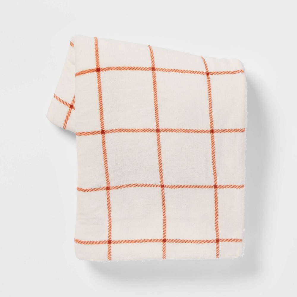 Windowpane Printed Plush Throw Blanket with Sherpa Reverse Cream/Orange - Threshold