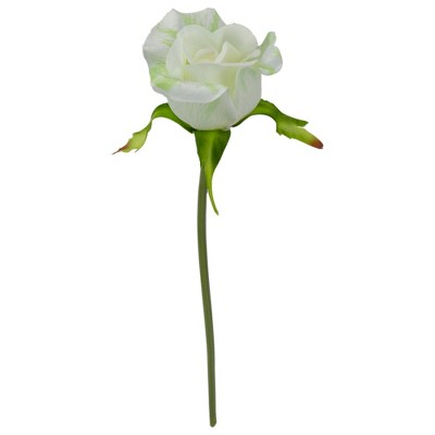 Darice 9" White and Green Artificial Short Single Stem Budding Rose Pick