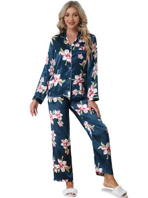 Lina | Navy Blue Satin Pant Set - Two piece Floral PJs Sleepwear